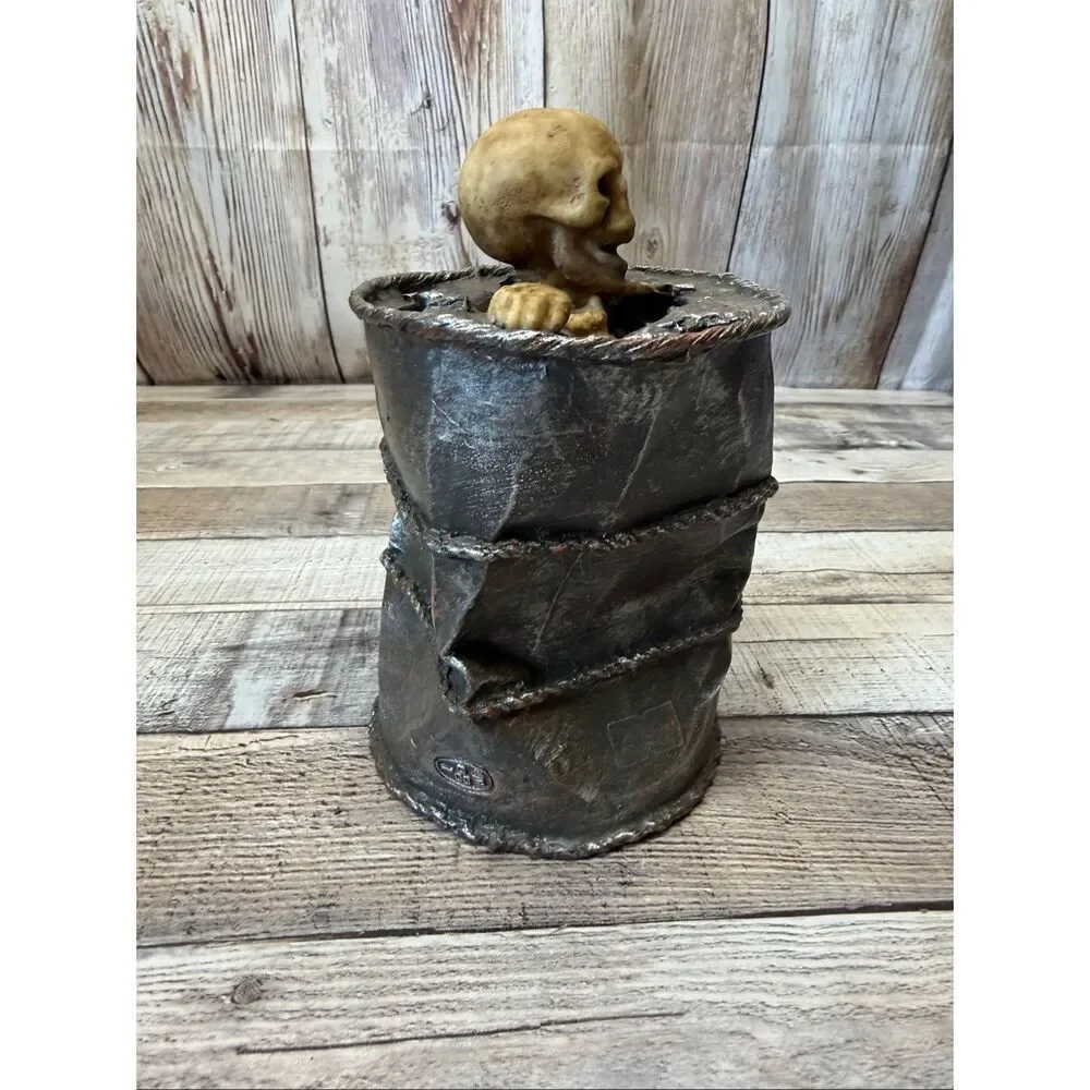 Halloween Creepy Skeleton Barrel Coin Bank Spooky Horror Decor Gothic Distressed